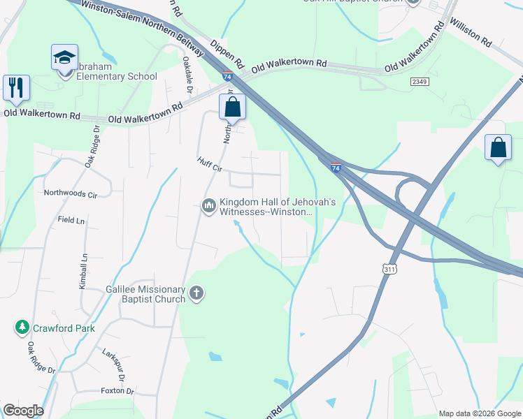 map of restaurants, bars, coffee shops, grocery stores, and more near 4365 Wakeman Drive in Winston-Salem