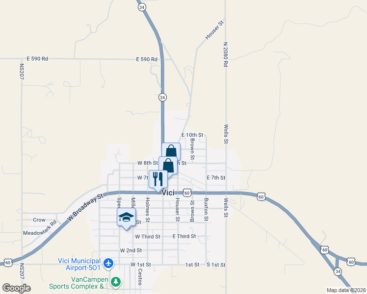 map of restaurants, bars, coffee shops, grocery stores, and more near 906 Houser Street in Vici
