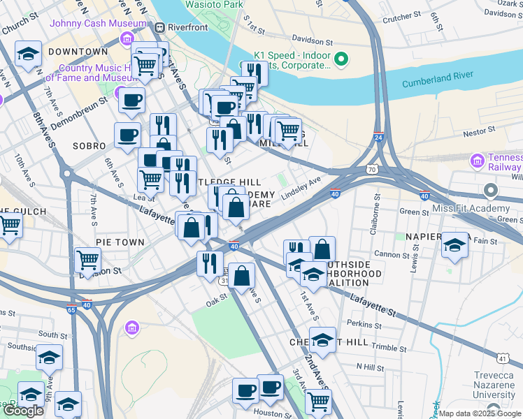 map of restaurants, bars, coffee shops, grocery stores, and more near 11 Lindsley Avenue in Nashville