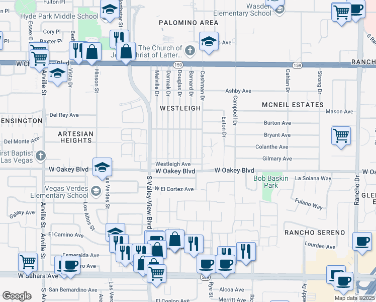 map of restaurants, bars, coffee shops, grocery stores, and more near 1342 Barnard Drive in Las Vegas