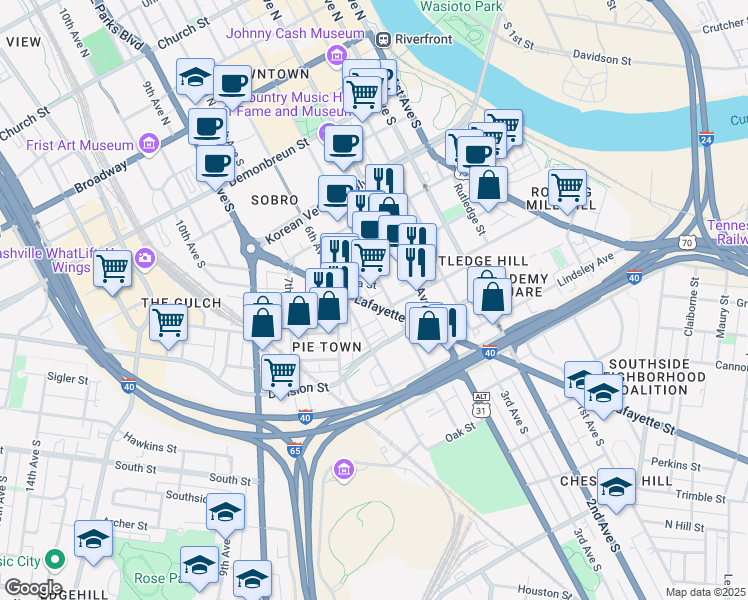 map of restaurants, bars, coffee shops, grocery stores, and more near 410 Elm Street in Nashville
