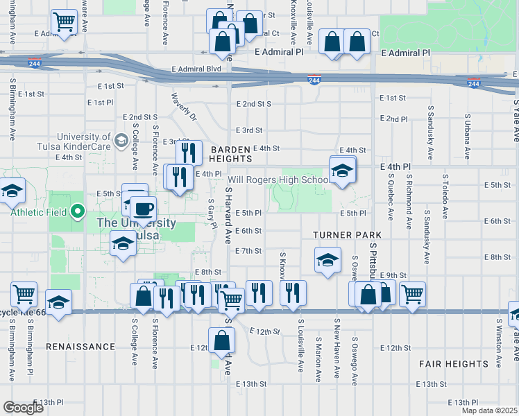 map of restaurants, bars, coffee shops, grocery stores, and more near 3417 East 5th Place in Tulsa