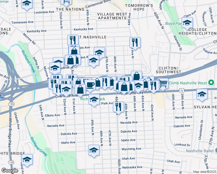 map of restaurants, bars, coffee shops, grocery stores, and more near 4649 Alabama Avenue in Nashville