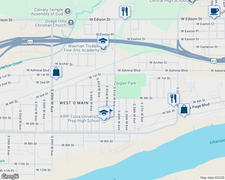 map of restaurants, bars, coffee shops, grocery stores, and more near 314 South 41st West Avenue in Tulsa