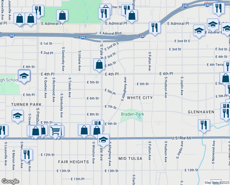 map of restaurants, bars, coffee shops, grocery stores, and more near 521 South Zurich Avenue in Tulsa