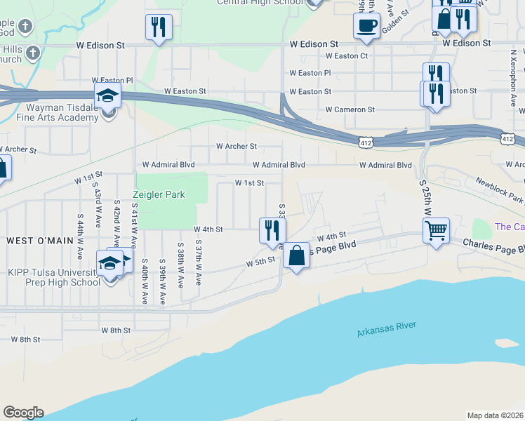 map of restaurants, bars, coffee shops, grocery stores, and more near 139 South 34th West Avenue in Tulsa