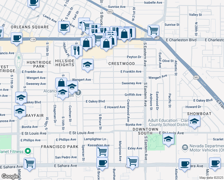 map of restaurants, bars, coffee shops, grocery stores, and more near 1822 Bracken Avenue in Las Vegas