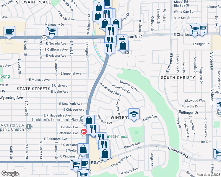 map of restaurants, bars, coffee shops, grocery stores, and more near 1804 Winterwood Boulevard in Las Vegas
