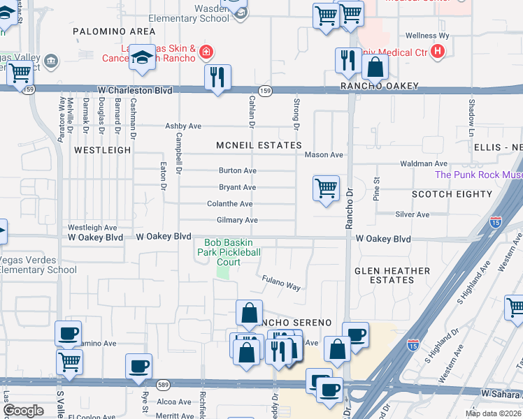 map of restaurants, bars, coffee shops, grocery stores, and more near 2731 Colanthe Avenue in Las Vegas