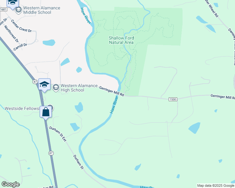 map of restaurants, bars, coffee shops, grocery stores, and more near 2019 Gerringer Mill Road in Elon