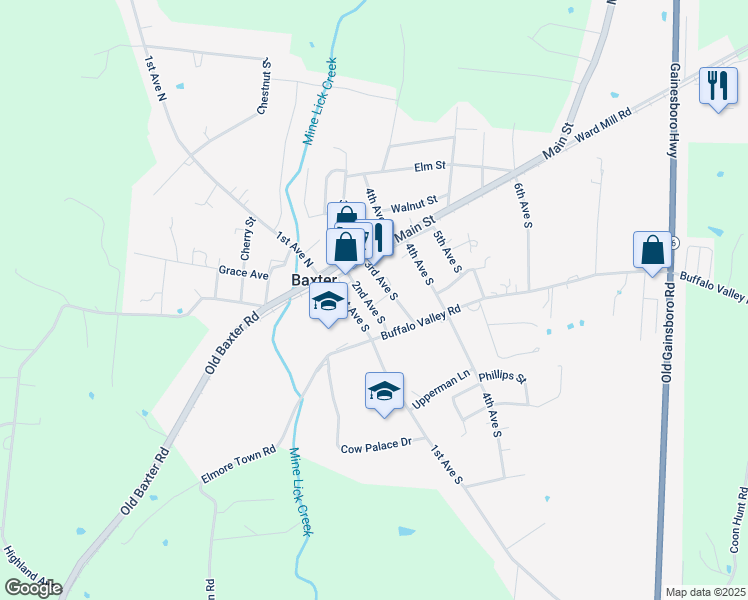 map of restaurants, bars, coffee shops, grocery stores, and more near 218 2nd Avenue South in Baxter