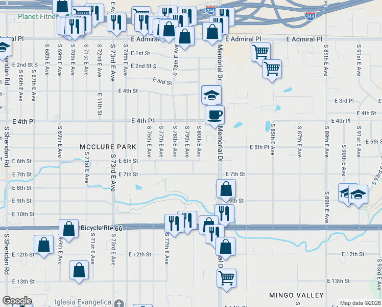 map of restaurants, bars, coffee shops, grocery stores, and more near 537 South 79th East Avenue in Tulsa