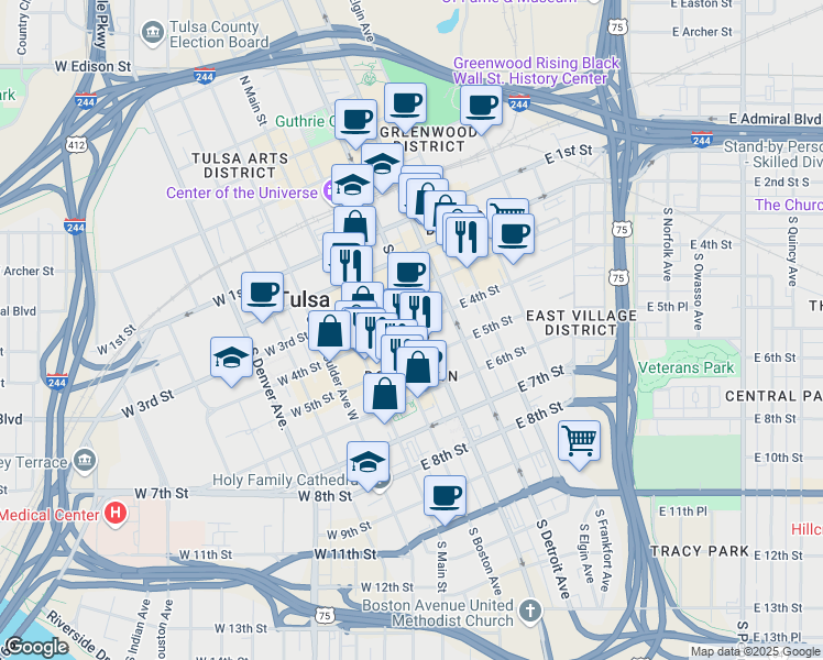 map of restaurants, bars, coffee shops, grocery stores, and more near 124 East 4th Street in Tulsa