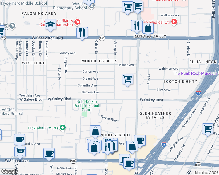 map of restaurants, bars, coffee shops, grocery stores, and more near 2701 Colanthe Avenue in Las Vegas