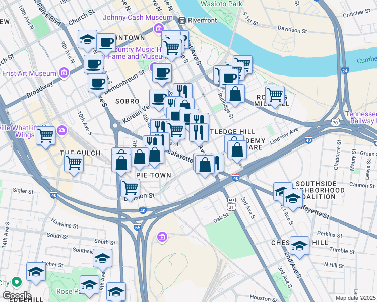 map of restaurants, bars, coffee shops, grocery stores, and more near 410 Elm Street in Nashville