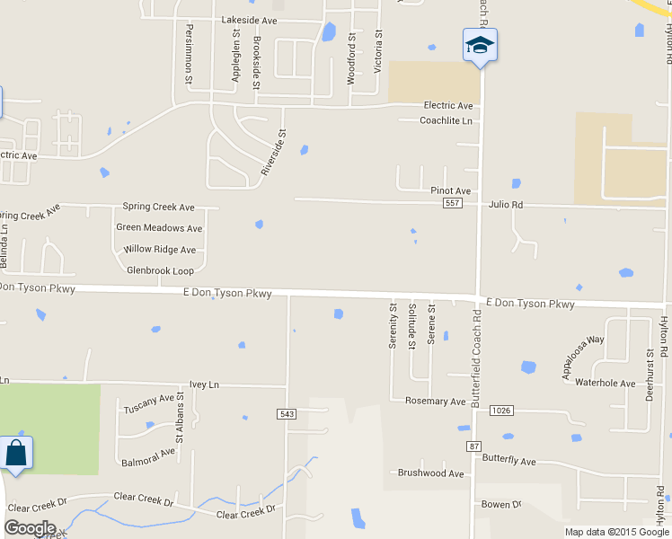 map of restaurants, bars, coffee shops, grocery stores, and more near 2760 East Don Tyson Parkway in Springdale