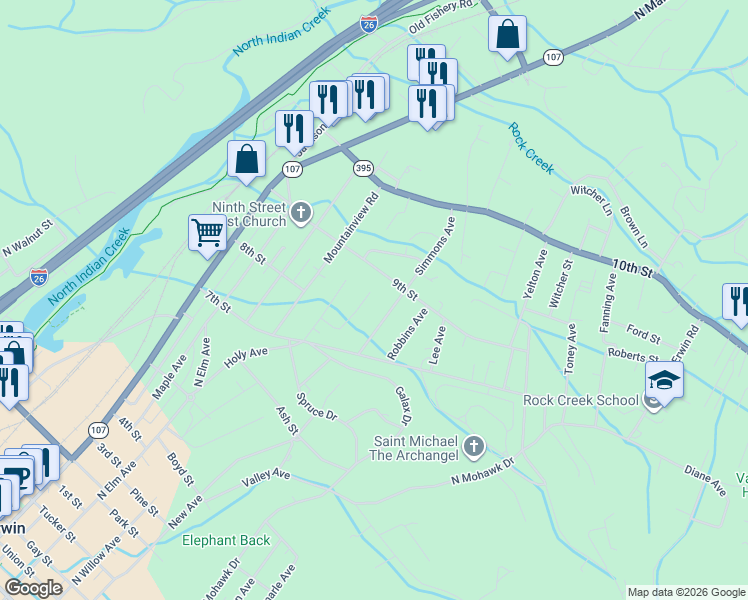 map of restaurants, bars, coffee shops, grocery stores, and more near 1449 Old Stage Rd in Erwin