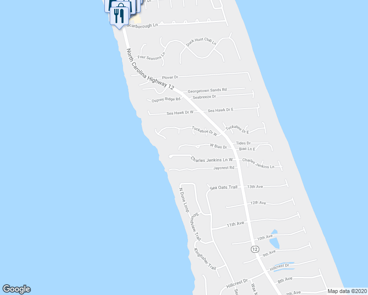 map of restaurants, bars, coffee shops, grocery stores, and more near 127 Brandon Court in Duck