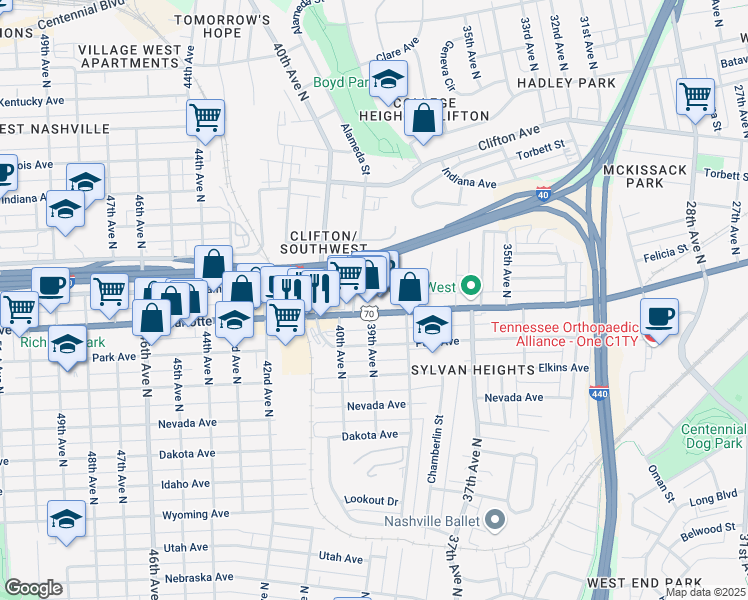 map of restaurants, bars, coffee shops, grocery stores, and more near 3820 Charlotte Avenue in Nashville