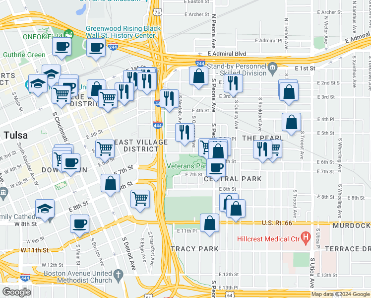 map of restaurants, bars, coffee shops, grocery stores, and more near 1109 East 6th Street in Tulsa