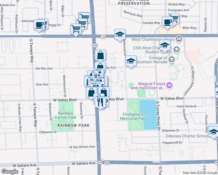 map of restaurants, bars, coffee shops, grocery stores, and more near 6811 San Ricardo in Las Vegas