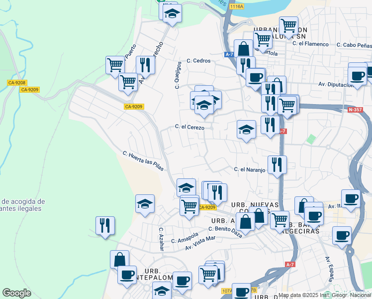 map of restaurants, bars, coffee shops, grocery stores, and more near 25R Calle la Parra in Algeciras