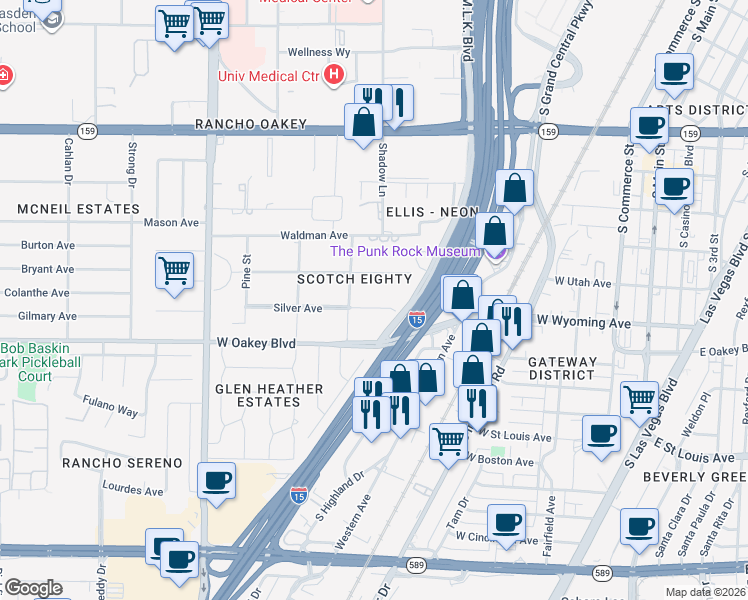 map of restaurants, bars, coffee shops, grocery stores, and more near 1800 Silver Avenue in Las Vegas