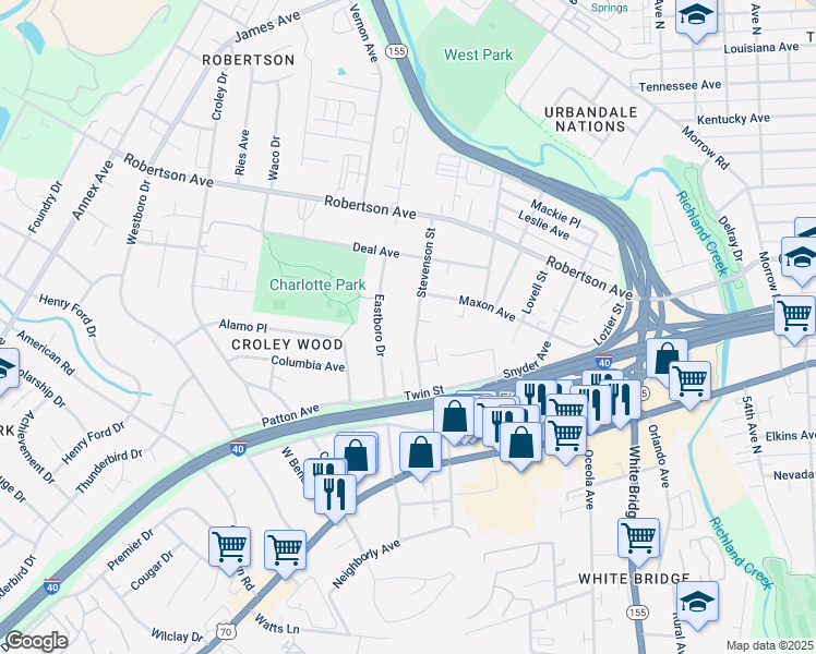 map of restaurants, bars, coffee shops, grocery stores, and more near 525B Stevenson Street in Nashville
