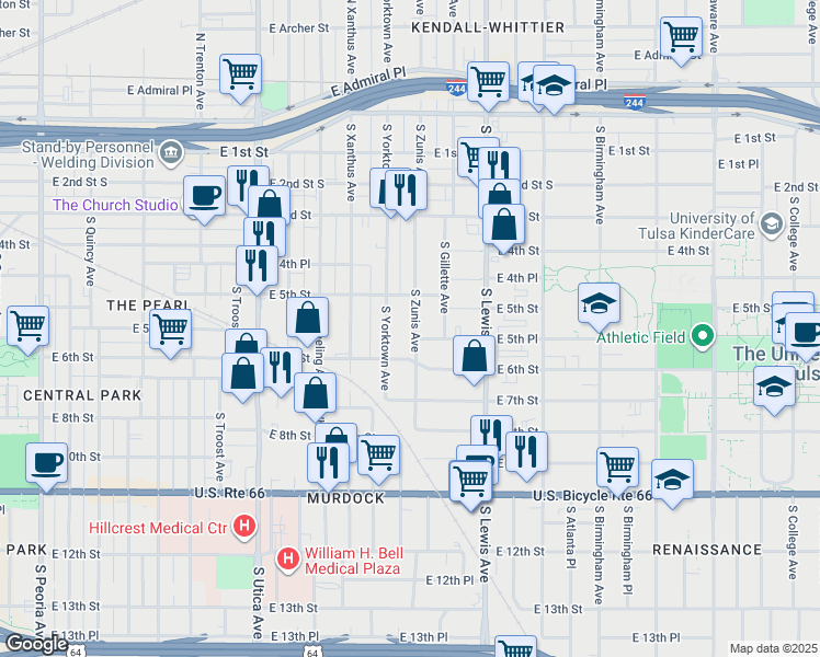 map of restaurants, bars, coffee shops, grocery stores, and more near 532 South Zunis Avenue in Tulsa