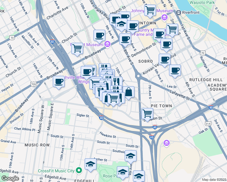 map of restaurants, bars, coffee shops, grocery stores, and more near 320 11th Avenue South in Nashville