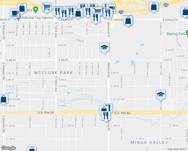 map of restaurants, bars, coffee shops, grocery stores, and more near 537 South 79th East Avenue in Tulsa
