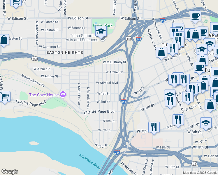 map of restaurants, bars, coffee shops, grocery stores, and more near 14 South Olympia Avenue in Tulsa