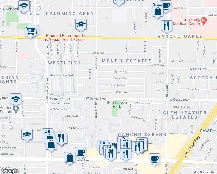 map of restaurants, bars, coffee shops, grocery stores, and more near 2913 Colanthe Avenue in Las Vegas