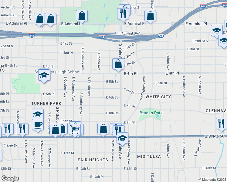 map of restaurants, bars, coffee shops, grocery stores, and more near 4732 E 5th Pl in Tulsa