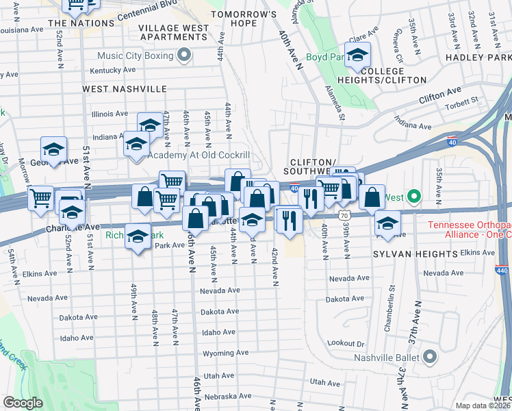 map of restaurants, bars, coffee shops, grocery stores, and more near 408 43rd Avenue North in Nashville