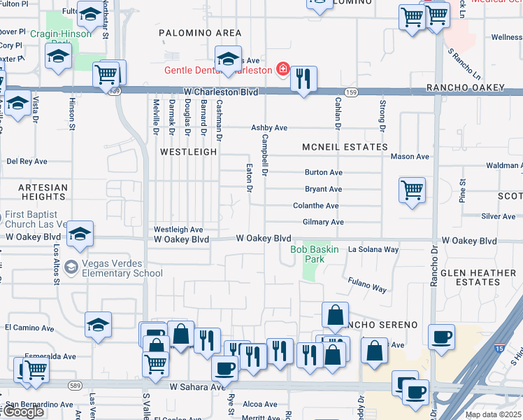 map of restaurants, bars, coffee shops, grocery stores, and more near 3101 Colanthe Avenue in Las Vegas