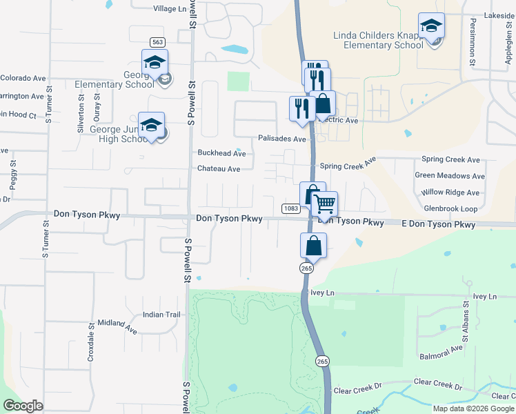 map of restaurants, bars, coffee shops, grocery stores, and more near 3533 Serviceberry Lane in Springdale