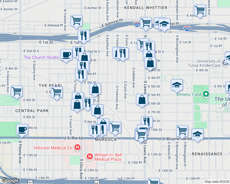 map of restaurants, bars, coffee shops, grocery stores, and more near 532 South Yorktown Avenue in Tulsa