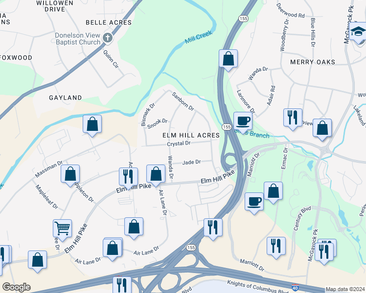 map of restaurants, bars, coffee shops, grocery stores, and more near 2123 Crystal Drive in Nashville