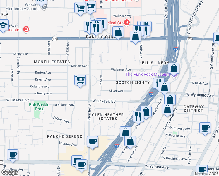 map of restaurants, bars, coffee shops, grocery stores, and more near 2112 Silver Avenue in Las Vegas