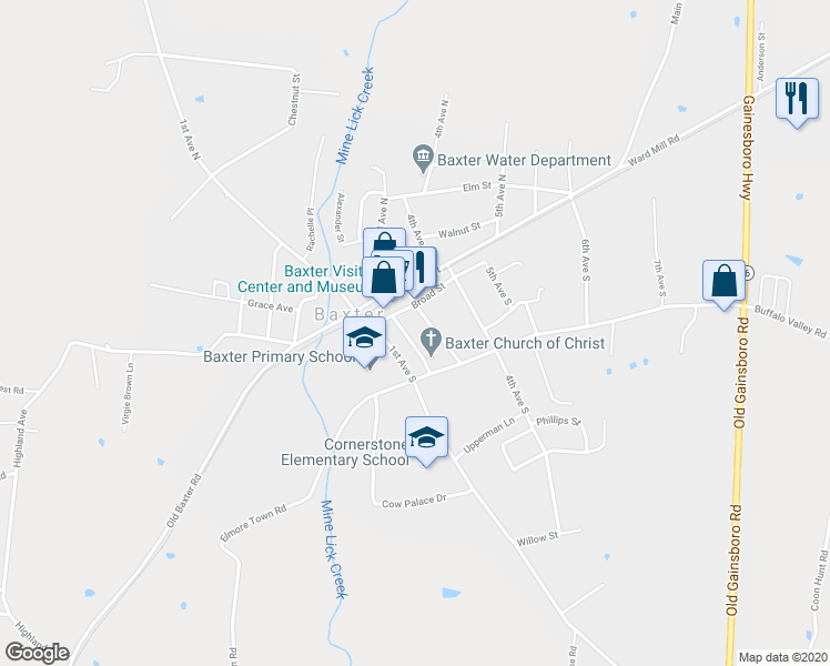 map of restaurants, bars, coffee shops, grocery stores, and more near 218 2nd Avenue South in Baxter