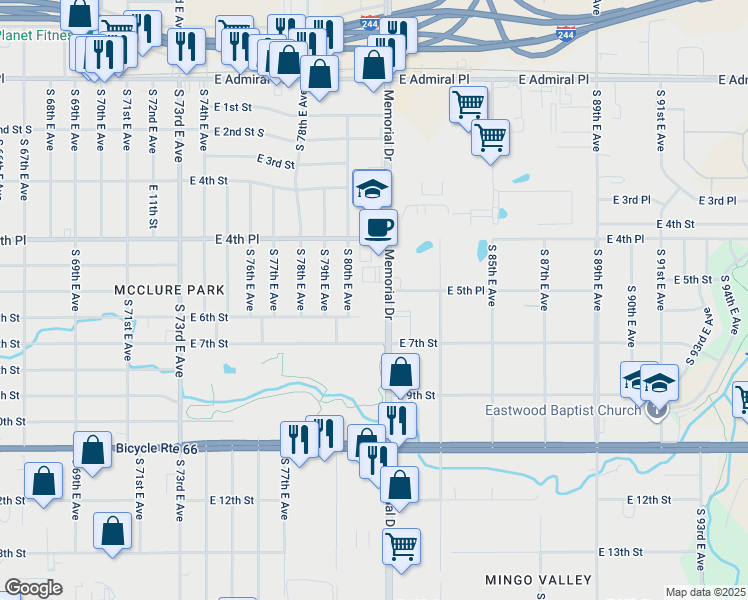 map of restaurants, bars, coffee shops, grocery stores, and more near 554 South Memorial Drive in Tulsa