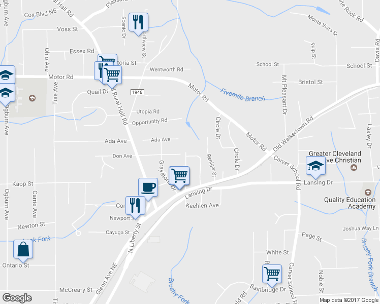map of restaurants, bars, coffee shops, grocery stores, and more near 4501 Lane Street in Winston-Salem