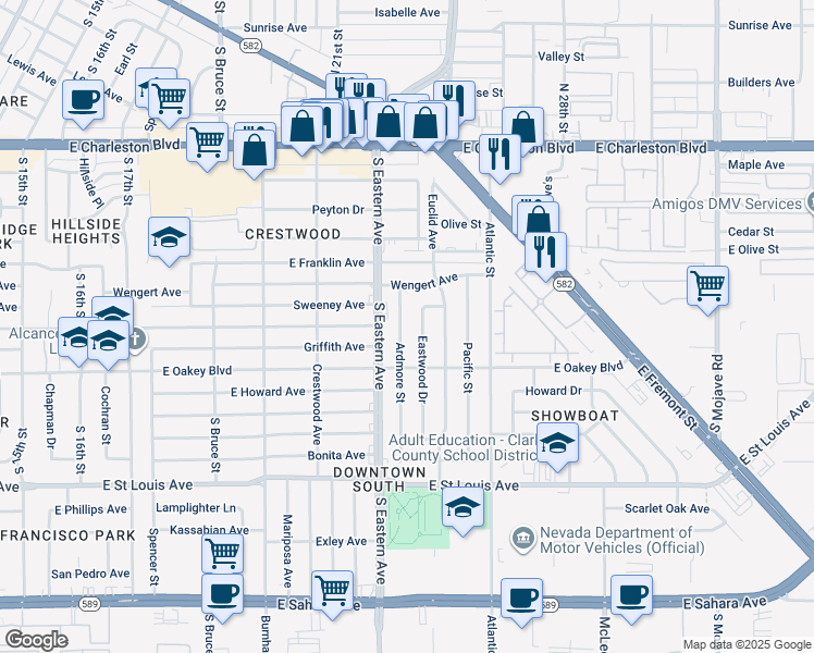 map of restaurants, bars, coffee shops, grocery stores, and more near 1409 Ardmore Street in Las Vegas
