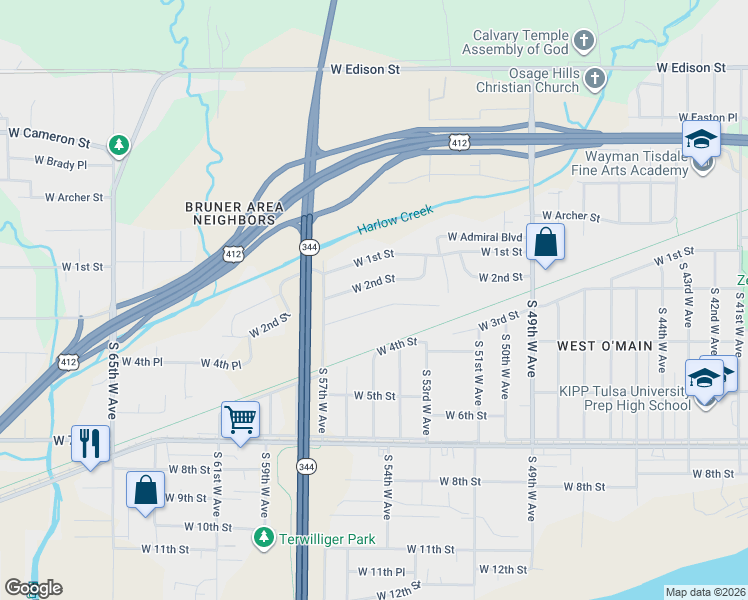 map of restaurants, bars, coffee shops, grocery stores, and more near 5649 West 3rd Street in Tulsa