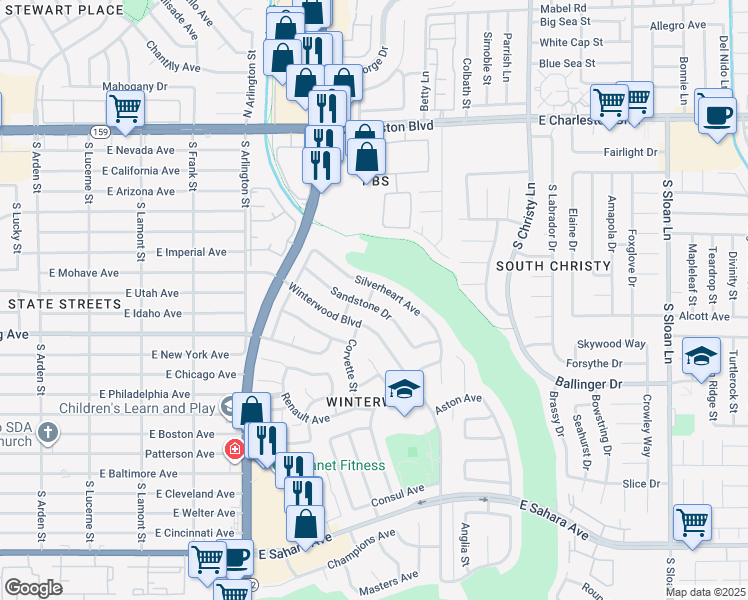 map of restaurants, bars, coffee shops, grocery stores, and more near 5241 Sandstone Drive in Las Vegas