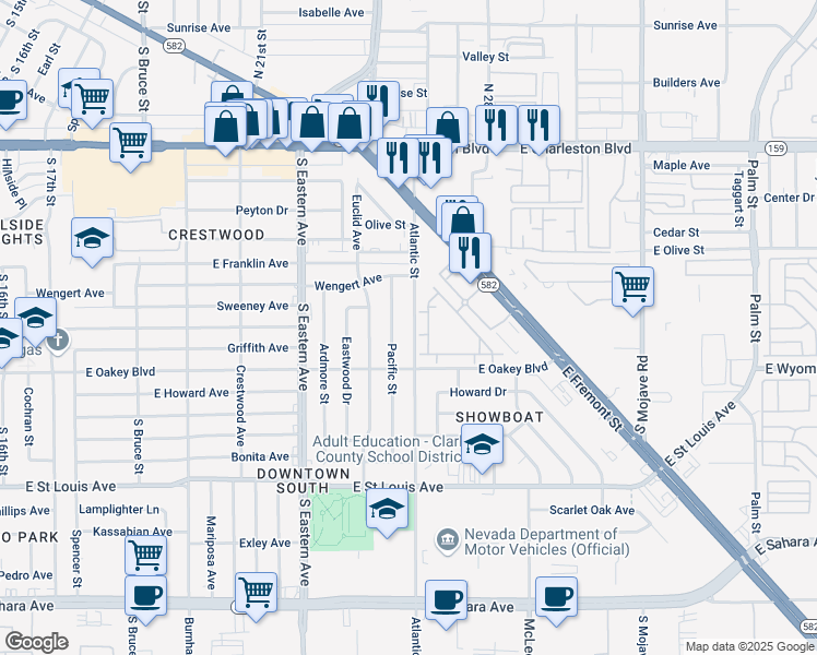 map of restaurants, bars, coffee shops, grocery stores, and more near 1410 Atlantic Street in Las Vegas