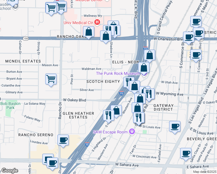 map of restaurants, bars, coffee shops, grocery stores, and more near 1800 Silver Avenue in Las Vegas