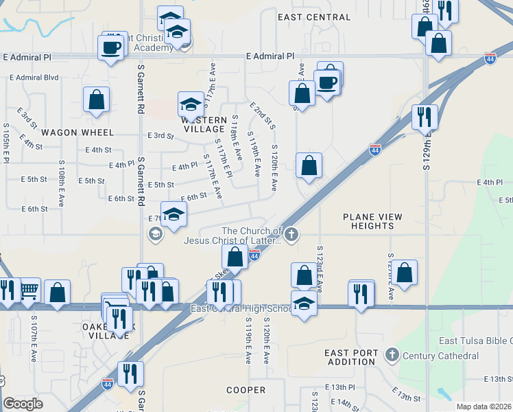 map of restaurants, bars, coffee shops, grocery stores, and more near 11812 East 7th Street in Tulsa