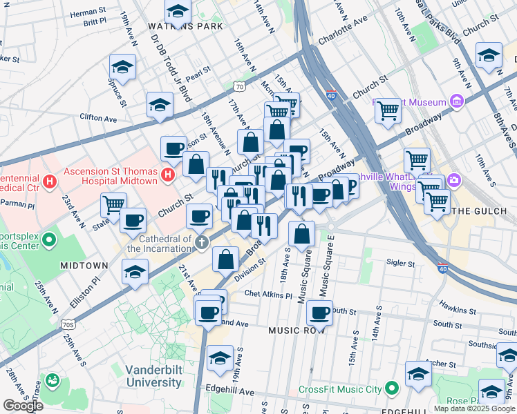 map of restaurants, bars, coffee shops, grocery stores, and more near 701 18th Avenue North in Nashville